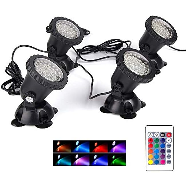 SHOYO Pond Lights, Color Changing Spotlights Submersible Fountain Lights Memory Dim Adjustable IP68 Waterproof Underwater RGB for Outdoor Garden Water Pond Fountain, 4 in Set