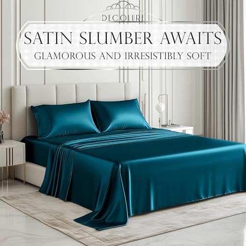 DECOLURE Satin Bed Sheets - 4 Piece Luxury Silky King Size Bedding Set - Softer Than Silk, Wrinkle-Free with 15” Deep Pocket Fitted Sheet, Perfect for Hair & Skin, Gifts for Women (Sea Teal-01) - Image 3
