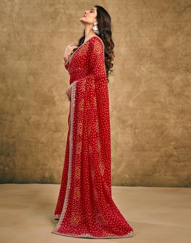 Image of SIRIL Women's Georgette Bandhani Printed Saree, Traditional Wedding Sarees For Women With Unstitched Blouse Piece