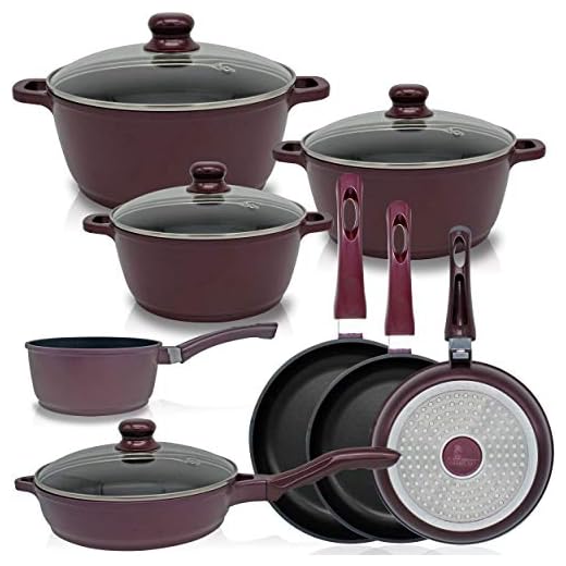 Callaway Bordeaux Batería Cocina Inducción 8 Piezas Aluminio Fundido Antiadherente, Set Cazuelas Tapas Cristal, Sartenes, Cazo, Sartén guisera, Gran Espesor, Vitrocerámica, Gas