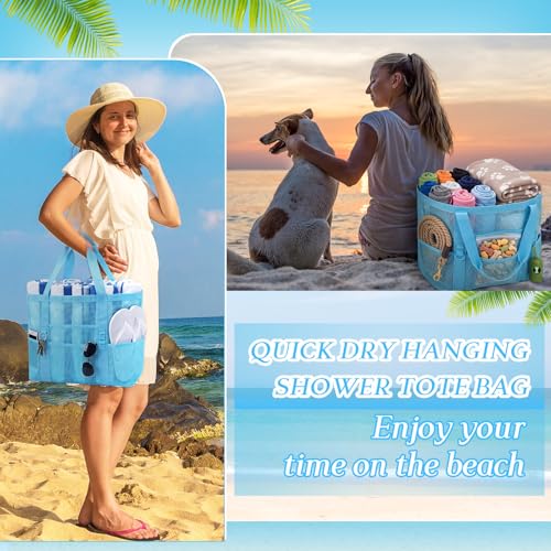 Image of Hillban Large Beach Mesh Bags Bulk for Women Beach Tote Bag with 8 Pocket Zipper Waterproof Sandproof for Pool Cruise Ship