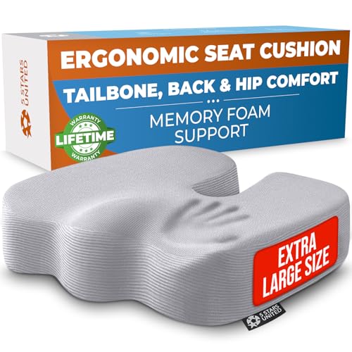Image of 5 STARS UNITED Seat Cushion - Memory Foam Chair Cushion for Tailbone Pain Relief - Ergonomic Support for Coccyx, Sciatica & Butt - Office, Desk & Gaming Chair, Car Seat, Wheelchair, Airplane, L Gray