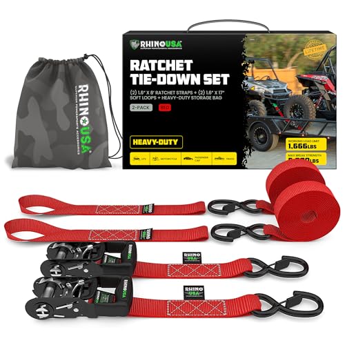 Image of Rhino USA Heavy Duty Ratchet Tie Downs (2-Pack) - 1.6in x 8ft, 5,000lb