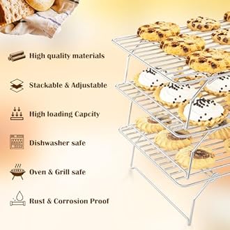 3 Tier Stackable Cooling Rack for Batch Cooling Cookie, Pizza, Cake-15.8”x 10”- Heavy Duty Cooling Racks for Cooking and Baking, Oven and Dishwasher Safe Baking Supplies-Silver