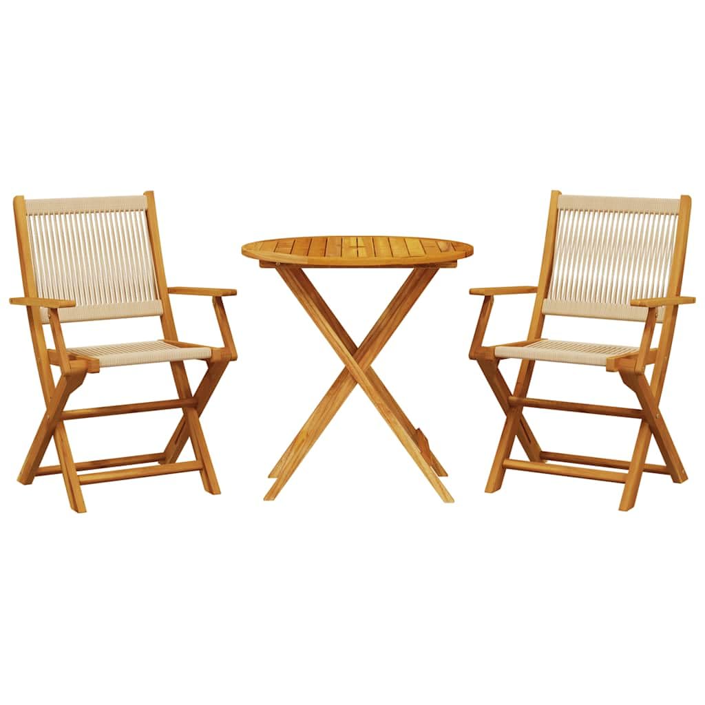 Set da Bistrot 3 Pezzi Pieghevole in Legno Massello di Acacia e PP | Tavolo tondo pieghevole con due sedie beige resistenti per arredare con stile terrazzo, balcone o piccolo giardino.