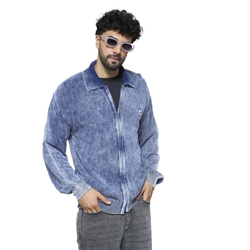 Buy FUGAZEE Denim Washed Overdyed Zipped Sweater for Men