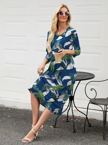 Image of Heymoments Women's Casual 3 /4 Sleeve Midi Dress Crewneck A Line Tiered Flowy Loose Travel Long Dresses with Pockets