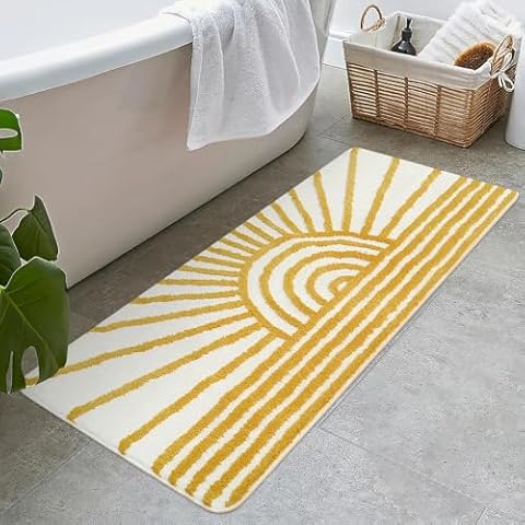 Uphome Bath Runner Rug, Yellow and White Sun Bath Rugs, Non Slip Water Absorbent Long Bathroom Rugs Runner, Soft Microfiber Machine Washable Bath Mats for Bathroom Floor Sink Bedroom, 24x59 inch Cover