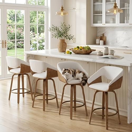 Image of 26'' Modern Barrel Swivel Counter Stools Counter Height Swivel Bar Stools with Backs Set of 4, White Linen Upholstered Bar Height stools, Farmhouse Solid Wood Barstools for Kitchen Island, Home Bar