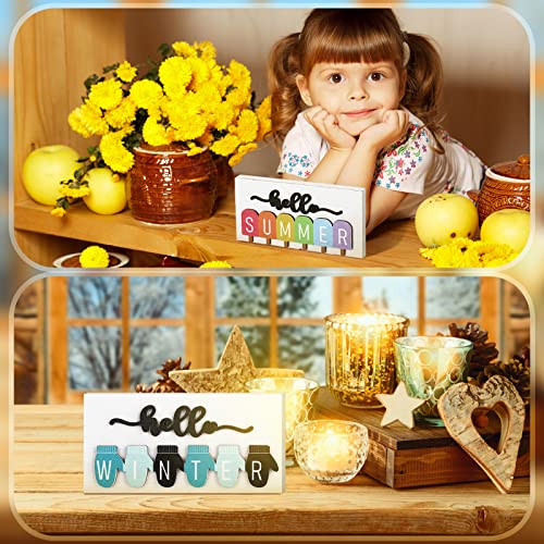 Roowest 5 Pcs Hello Winter Sign Interchangeable Seasonal Sign Spring Summer Fall Tiered Tray Decor 5.9 x 3 Inch Wooden Gloves Decor 4 Seasons Farmhouse Table Centerpiece Decoration for Home(Fresh) - Thumbnail 5