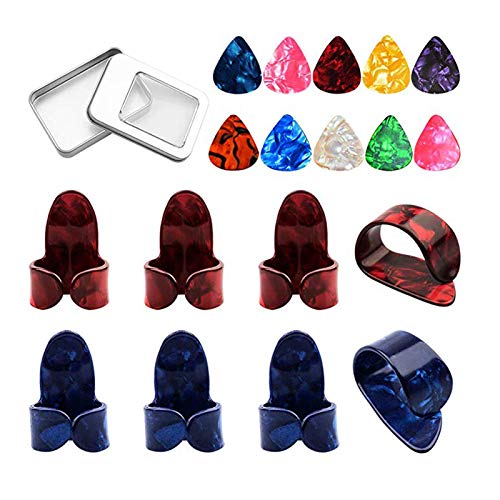 YIWENG ギターピック、ギターピックキット10個のセルロイドピック+6個のフィンガーピック+2個のサムピック+アコースティックギター初心者のための収納ボックスギターアクセサリー(ランダムカラーデリバリー)