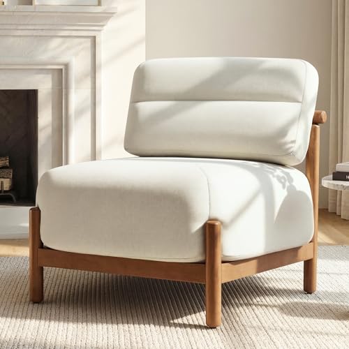 Mid Century Modern Accent Chair Upholstered Armless Lounge Chair with Wooden Frame and Thick Padded Seat for Living Room Bedroom Linen