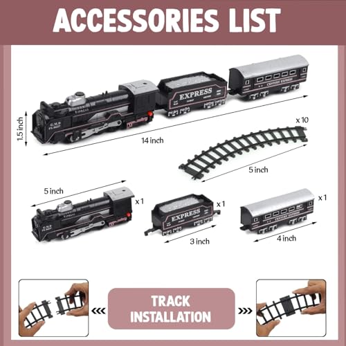 Image of VU Toys Small Black Train 19026B (3+ Years) - Battery Operated Steam Engine with Coal & Passenger Coach 10 (30 Inch) Round Track - Vintage Style Toy Train with Lights & Sound for Kids