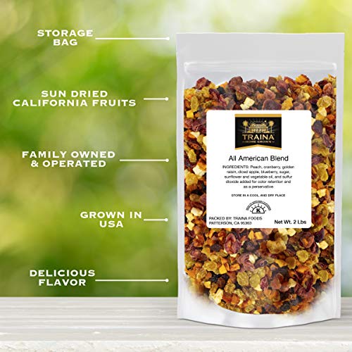 Traina Home Grown All American Dried Fruit Blend - Peaches, Sweetened Cranberries, Golden Raisins, Sweetened Blueberries, Apples - Non GMO, Gluten Free, Vegan, Healthy Real Fruit Snack in Resealable Pouch (2 lbs)