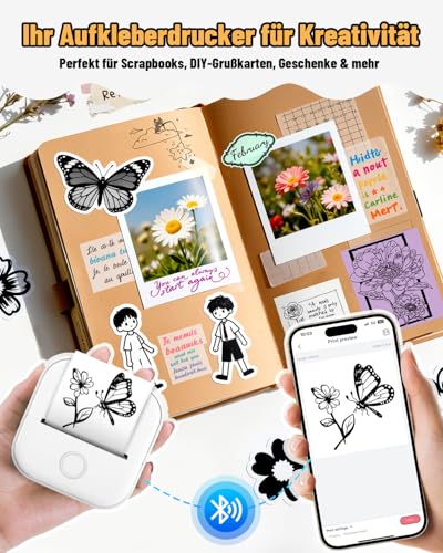 Phomemo T02 Mini Drucker, Fotodrucker für Smartphone, mit 1 Rollen Druckerpapier, 203dpi Handy Sticker Thermodrucker, Portable Pocket Inkless Aufkleber Printer für IOS & Android