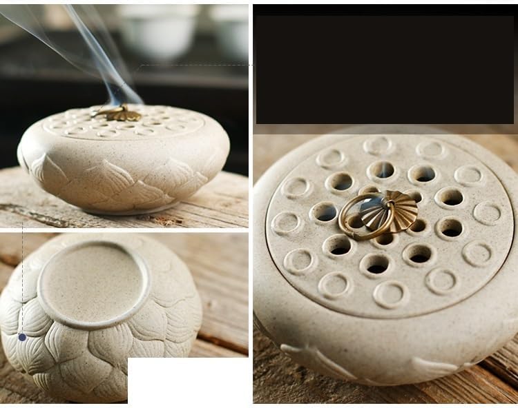 Incense Burner Antique Lotus Incense Burner with Copper Ring Antique Ceramic Room Incense Burner Buddhist Ornaments Incense Stick Holder
