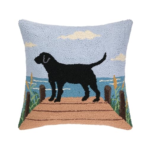 Black Lab on Dock Wool Hook Pillow for Lake House or Cabin by The Pillow Shoppe, 18 Square