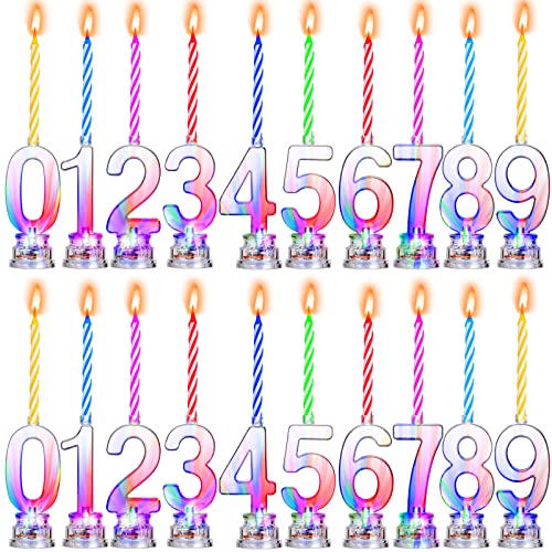 20 Pieces Birthday Number Candle Flashing Multicolor Light up Cake Candle Set LED Number Birthday Cake Topper Candle with 80 Pieces Wax Candles for Birthday Anniversary Celebration