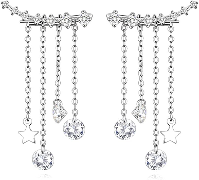 Reffeer Solid 925 Sterling Silver Crawler Earrings Tassel Chain Dangle for Women Teens 7 Crystal Cuff Earrings Climber