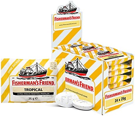 Fisherman’s Friend Tropical, 24er Vorratsbox, Exklusive Sorte: Ananas, Melone, Guave Geschmack, zuckerfrei, vegan, Bonbons für frischen Atem, 24x25g