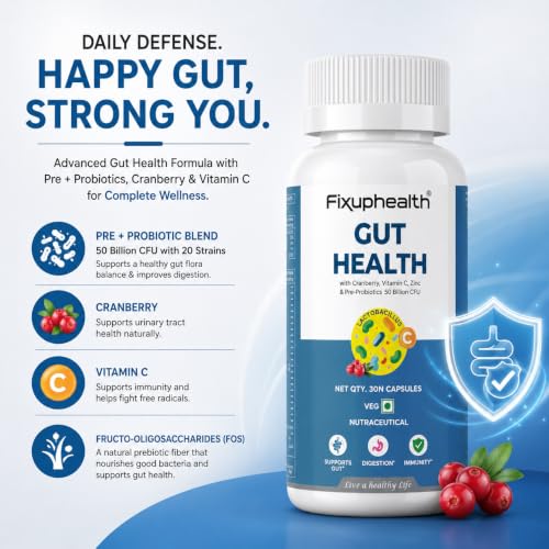 Image of Fixuphealth Probiotics Supplement for Gut Health 50 Billion CFU | Probiotic Capsules with Prebiotics, Cranberry, Vitamin C & Zinc | Digestive Health & Immunity Support | Plant Based | 30 Capsules