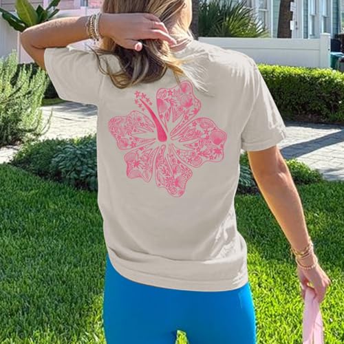Image of Hawaiian T Shirts for Women Oversized Aesthetic Hibiscus Flower Beach Shirt Teens Preppy Tropical Graphic Tee Tops