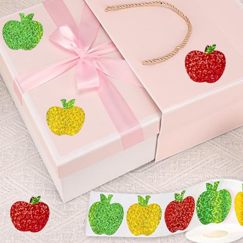 Image of 500Pcs Back to School Apples Stickers Roll 3 Colors Laser Apples Sparkly 1.5in Waterproof Decals Self-Adhesive Stickers for Envelope Scrapbook Decor First Day of School Party Supplies