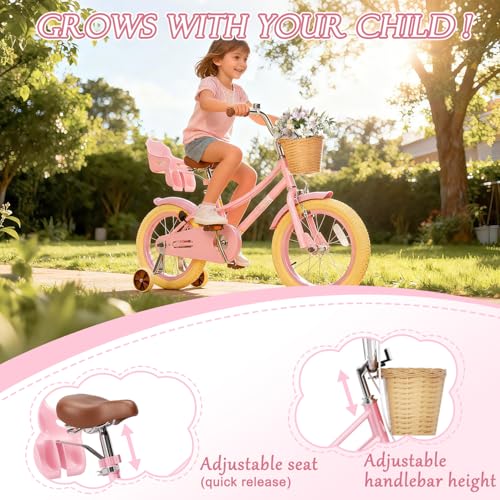 Image of Glaf Girls Bike Bicycle for 2-12 Years Old 12 14 16 20 inch Kids Toddler Bike with Training Wheels and Basket,Doll Seat, Kids Bike Bicycle for Gift