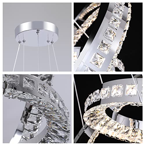 Buccleuch Dimmable Crystal Chandelier Dining Room Led Silver 2 Rings Light Fixture For Living Room Restaurant Kitchen Island Table D19.7+11.8" Stainless Steel, 3000K-6500K #TOP3