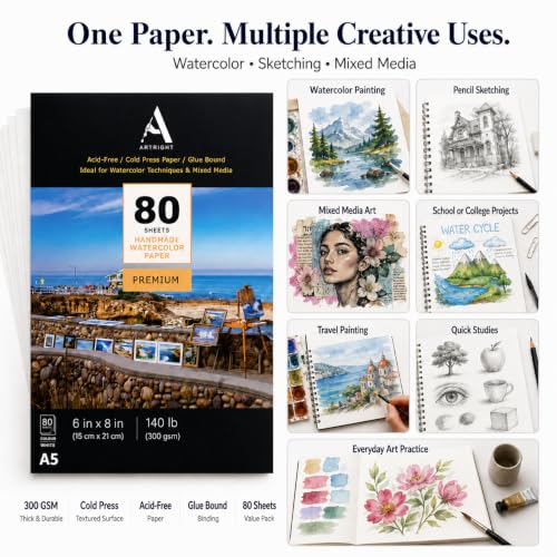 Image of ArtRight Artists Watercolor Paper (A5 Pack of 80 Sheets, 300 GSM); Handmade Watercolour Paper for Artists