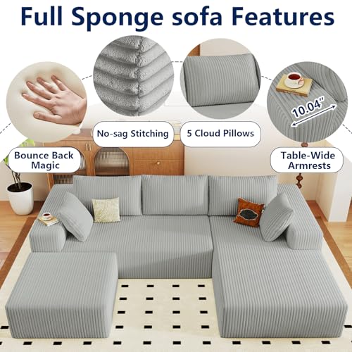 Image of 96 inch Modular Sectional Sofa with Ottoman, Modern Corduroy Cloud Couch with Deep Seat, Boneless Couch Upholstered 3-Seater U-Shaped Sofa for Living Room, No Assembly (Light Grey, Right-Facing Chaise)