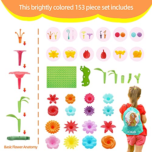 Iqkidz 3-6 Years Old Toddler Toys - Flower Garden Building Toy And Insect Pegs, Great Gifts For Preschool-Kindergarten Age Girls And Educational Activity, Stem, Stacking, Pretend Play Set (153Pcs) #TOP2