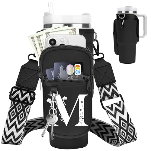 LOKASS Initial Water Bottle Holder with Strap for Stanley Cup 40oz Tumbler with Handle,Insulated Water Bottle Carrier Bag with Phone Pocket, Floral & Carabiner for Stanley Cup Accessories (Black M)