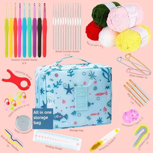 Image of TheWooly Wonders Beginners Crochet Kit, Adults Include 5 Yarns, 59pcs Crochet Starter Kit for Beginners Kids, Crochet Hooks, Stitch Markers, Storage Bag, All in One (Blue Crochet Bag)