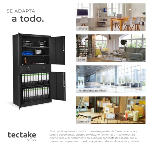 tectake® Armario Archivador Oficina en Acero, Armario Exterior e Interior con Candado Seguridad, Armario Multiusos con 5 Alturas, 4 Puertas, 2 Cajones, 3 Estantes Ajustables, 180x80x40 cm - Negro - imagen 8