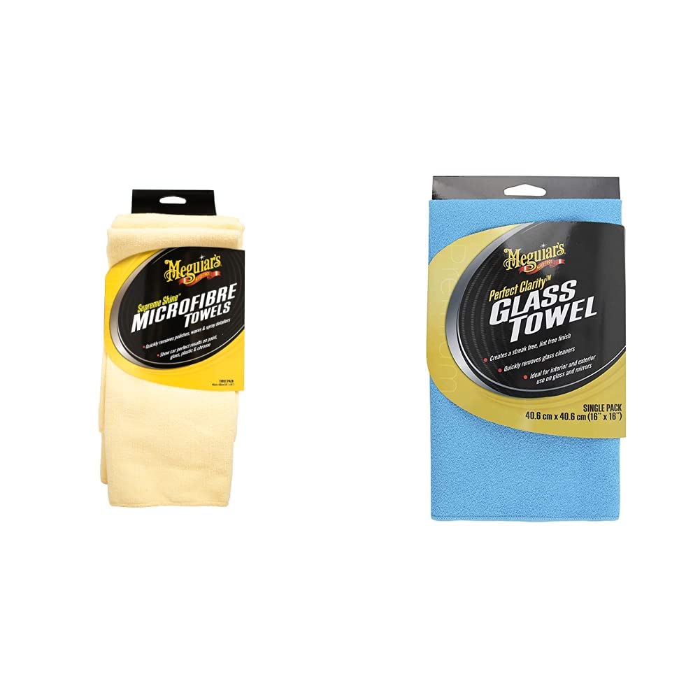 MEGUIAR'S X2020EU Panno Microfibra Supreme Set 3 pz, Confezione da 3 & Perfect Clarity Glass towel, X190301EU, Panno professionale per vetri