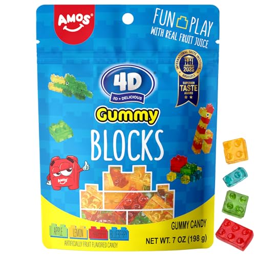 AMOS 4D Gummy Blocks Candy Bricks Edible Building Blocks Themed Novelty Candy for Kids Birthday Party Cupcake Topper Resealable 6.98oz Bag (Pack of 1)