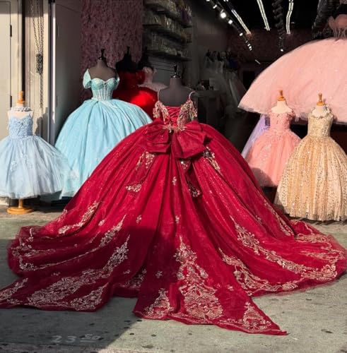 Gold Appliques Quinceanera Dresses with Big Bow Gorgeous XV Dress Puffy 15 16 Dress Ball Gown with Train SE0372