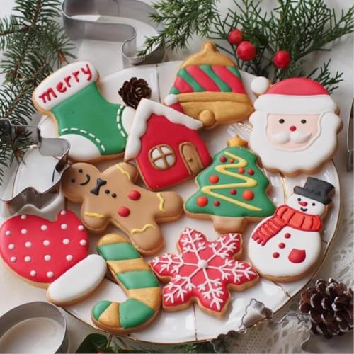 مجموعة قوالب بسكويت الكريسماس 6 قطع من تونجلو - مصنوعة من الستانلس ستيل، اشكال خبز العطلات، ندفة الثلج/رجل خبز الزنجبيل/الشجرة/رجل الثلج/سانتا/قصب الحلوى للبسكويت من الستانلس ستيل