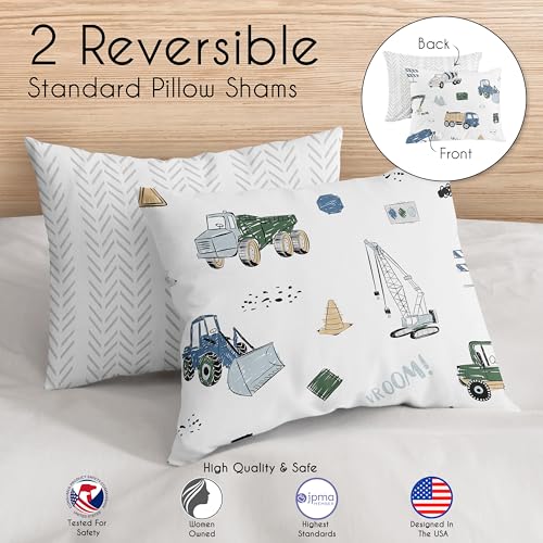 Image of Sweet Jojo Designs Construction Truck Boy Full /Queen Bedding Set Kids Comforter Childrens Size - 3 Pieces - Grey Yellow Black Blue and Green Transportation Chevron Arrow