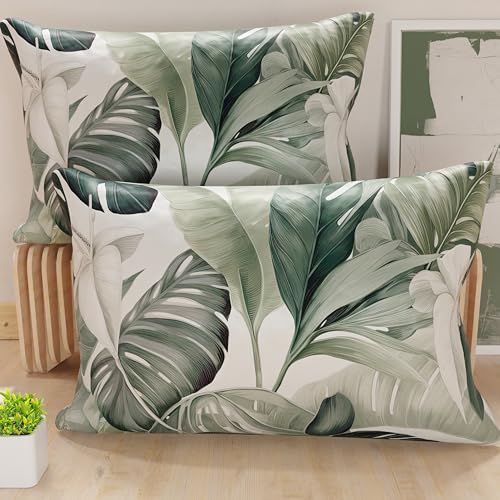 PETTI Artigiani Italiani - Lot de 2 Taies d'Oreillers 50x70 cm 100% Microfibre Hypoallergénique, Housse Oreiller Rectangulaire Motif Floral Vert, Paquet de 2,...