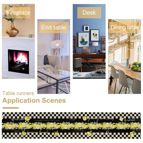 Image of Lemon Table Runner 13 inchx72 inch - Italian Style Black White Checkered Kitchen Table Decor with Yellow Lemons and Floral Print - Rustic Vintage Dining Room or Summer Party Decoration