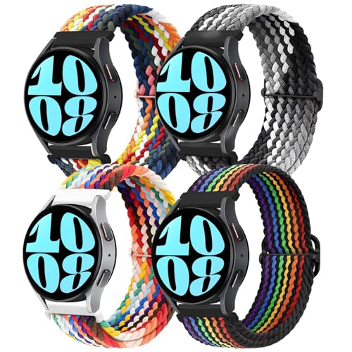 4 Pack 20mm Braided Elastic Bands for Samsung Galaxy Watch 6 5 4 Active 40mm 44mm 43mm 47mm Solo Loop Band,Stretchy Nylon Fabric Sport Straps for Galaxy Watch 3 41mm(Chocolate/Pride/Colorful/Rainbow)