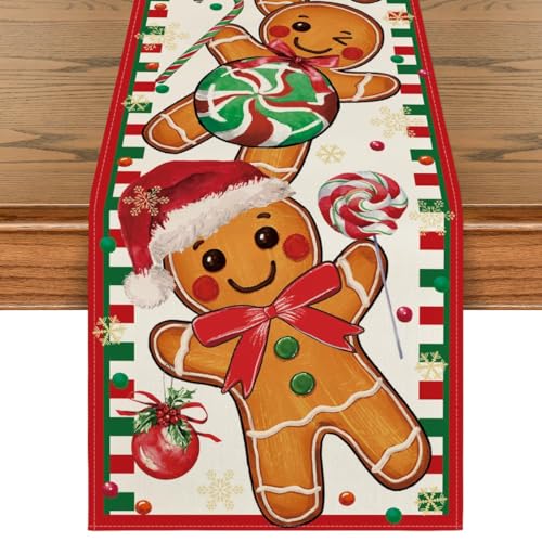 Artoid Mode Gingerbread Candy Cane Christmas Table Runner, Seasonal Winter Kitchen Dining Table Decoration for Home Party Decor 13x72 Inch