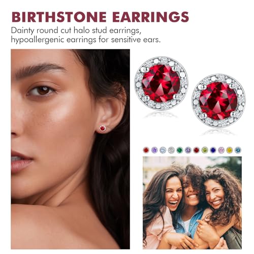 DAYBYDAY Birthstone Earrings for Women 925 Sterling Silver Halo Stud Earrings, Small Round/Cushion/Heart Gemstone Earrings Birthstone Jewelry2