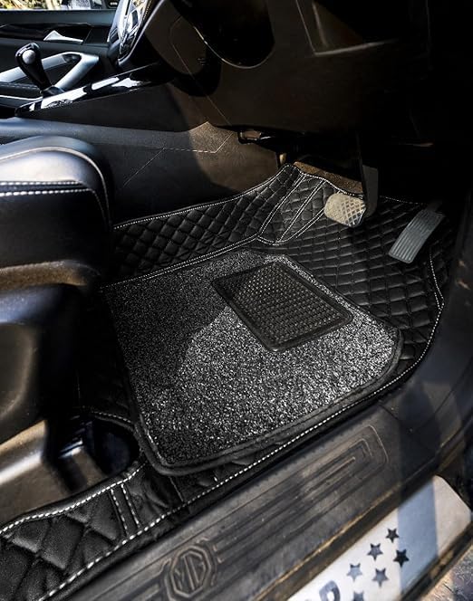 Image of Auto Ride 7D Luxury Car Mats for Mg Hector Plus (7 Seater)| Ultra-Premium PU Leather | Waterproof, Dustproof & Anti-Slip | Custom Fit All-Weather Floor Mats | Color : Full Black