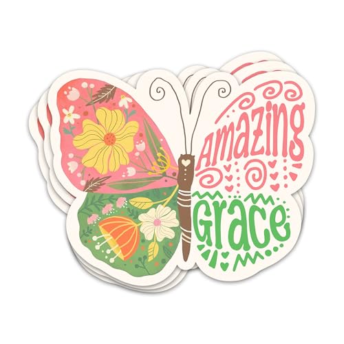 3PCs Amazing Grace Floral Butterfly Shape Sticker, Christian Faith Stickers Vinyl Waterproof Scripture Decals for Laptop Water Bottle Notebook Tumbler Bible Journal, Religious Stickers (3 Inches)