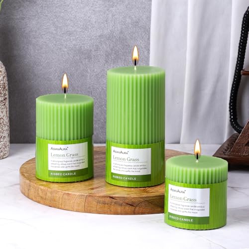 Image of ASIAN AURA Ribbed Pillar Candles - Pack of 3 | Scented Candles for Home Decor, Gifting & Festive Use | Long Burn time up to 36hrs | Clean-Burning Wax & Smokeless Flame (Lemon Grass)