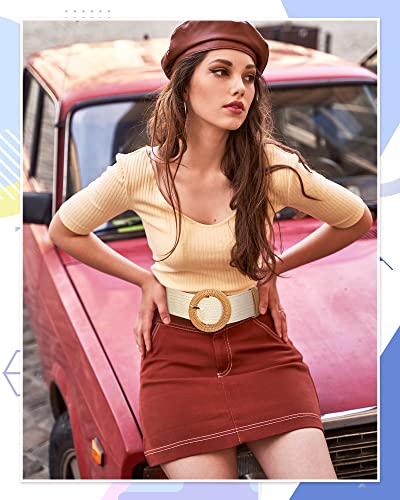 4 Pack Straw Woven Belt Elastic Stretch Rattan Waist Belt Women Skinny Raffia Dress Belt Wooden Buckle Waist Dress Band #TOP2