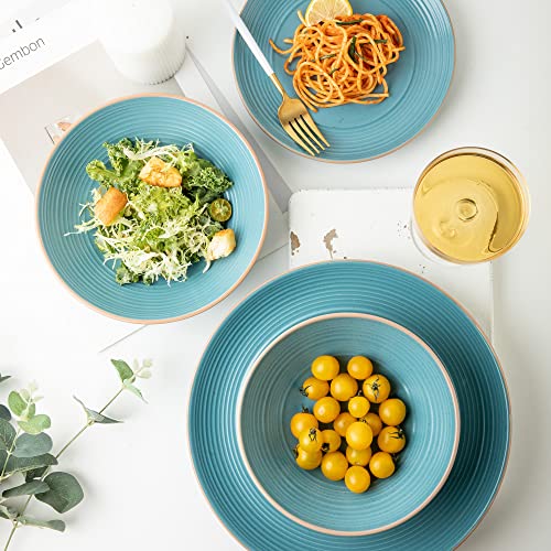 Arora Ringar Round Stoneware 16Pc Double Bowl Dinnerware Set For 4, Dinner Plates, Side Plates, Cereal Bowls, Pasta Bowls - Speckle Matte Turquoise (428525) #TOP3